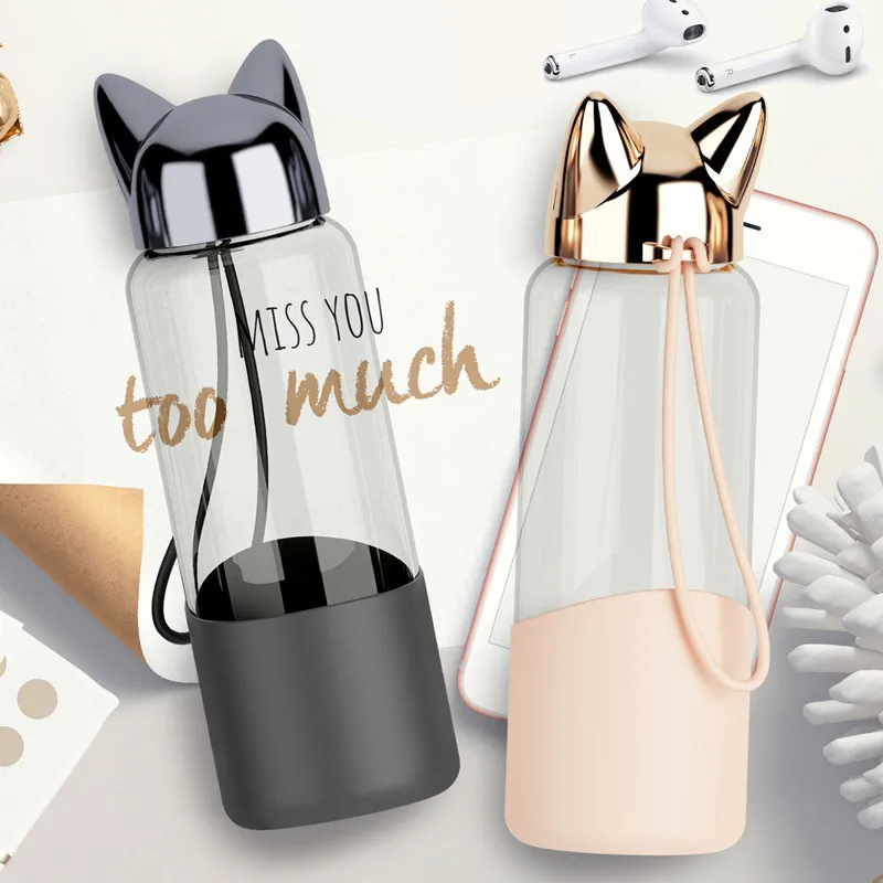 Креативная новая стеклянная бутылка для воды Lightning Fox 350 мл с веревкой милая