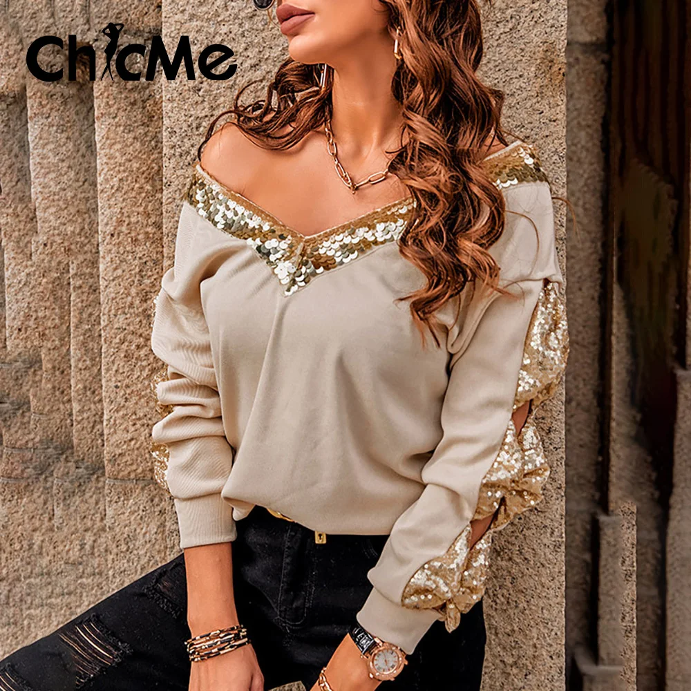 

Chicme Women Contrast Sequins Bowknot Design Cutout Sleeve Top V Neck Long Sleeve Loose Sweatshirt Casual Pullover Shirts
