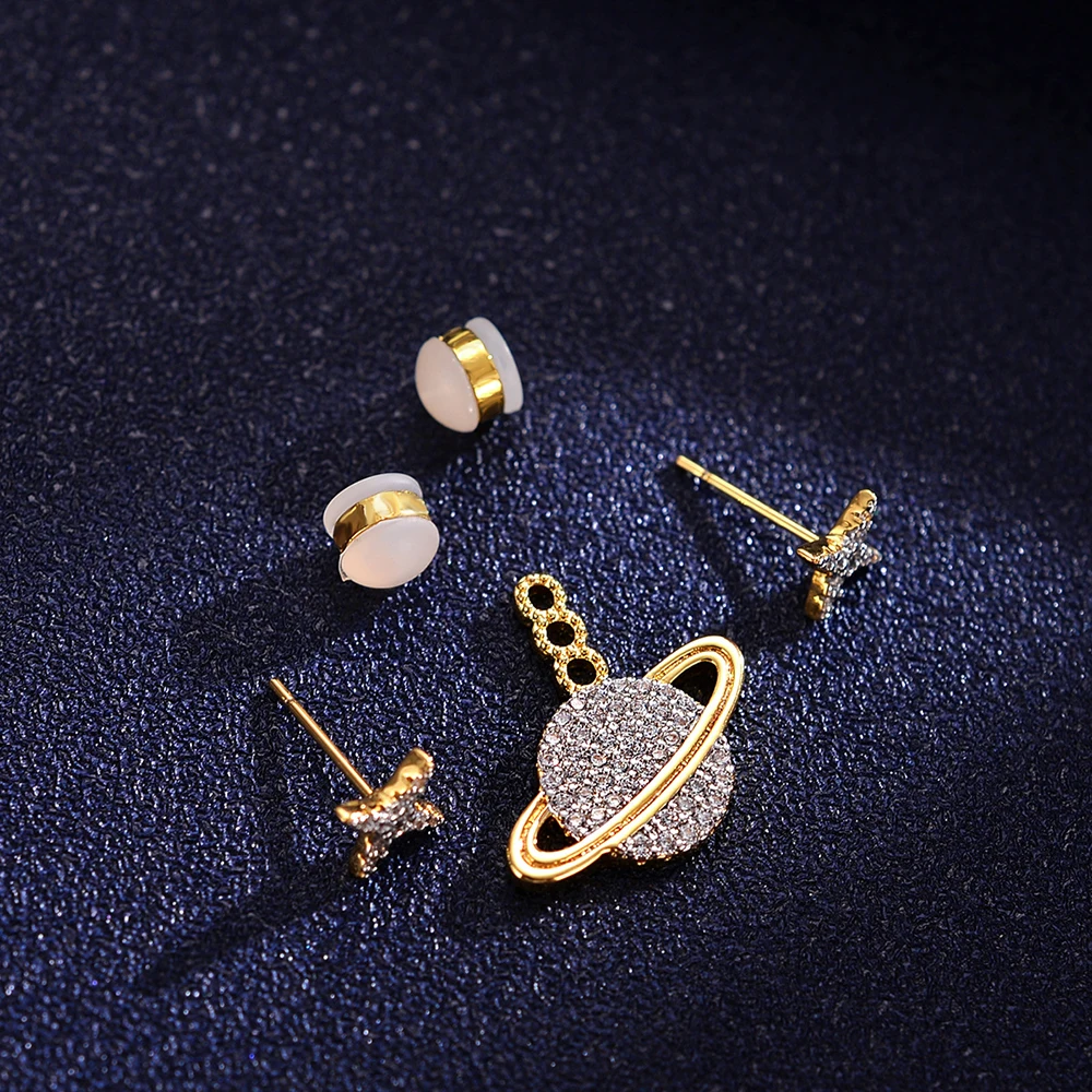 

S925 Sterling Silver Summer Planet Asymmetrical Stud Earrings Female Golden Personality Earrings Fashion Classic Jewelry Gift