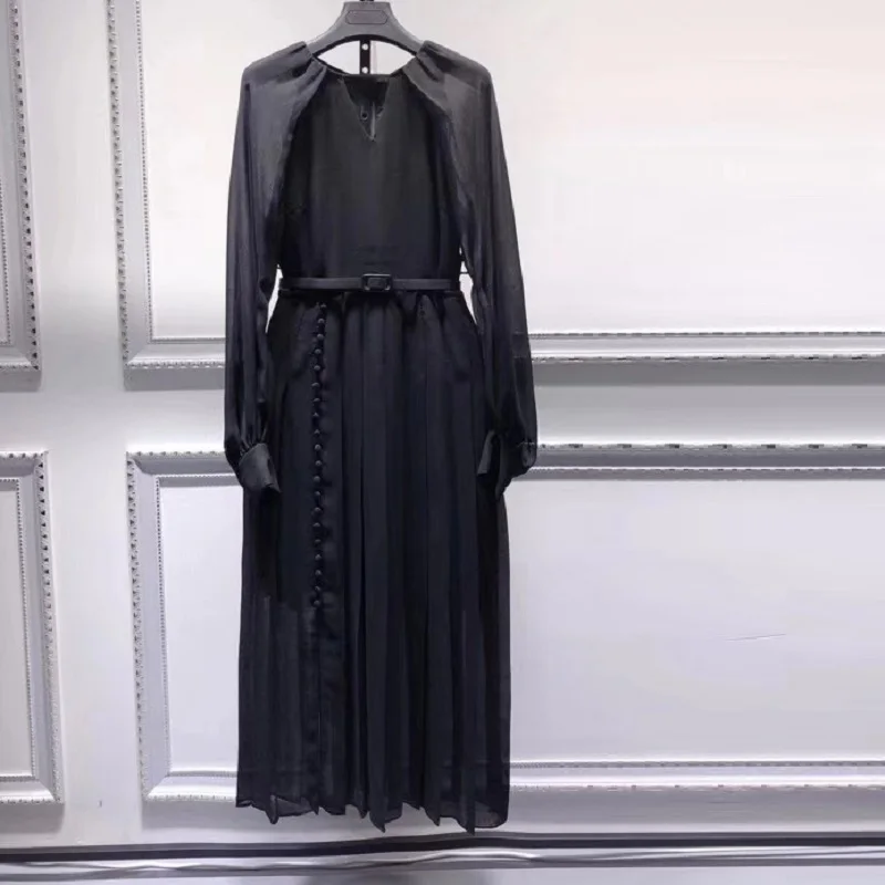 

Brand High Quality Women's Dress 2021 Spring Summer O-Neck Hollow Out Tunic Buttons Lantern Sleeve Elegant Party Red Black Dress