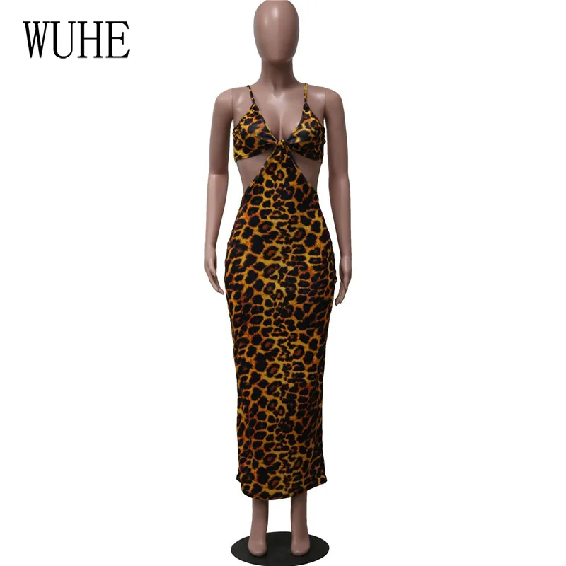 

WUHE Leopard Print Bodycon Spaghetti Strap Off Shoulder Sleeveless Package Hip Hollow Out Vintage Party Streetwear Dresses