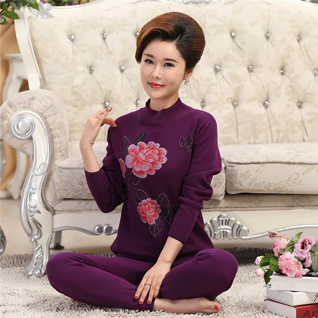 Purple 7 L-4XL размера плюс среднего возраста зимняя женская одежда водолазка хлопок женское термобелье набор толстый бархат теплые кальсоны - Цвет: Purple 7
