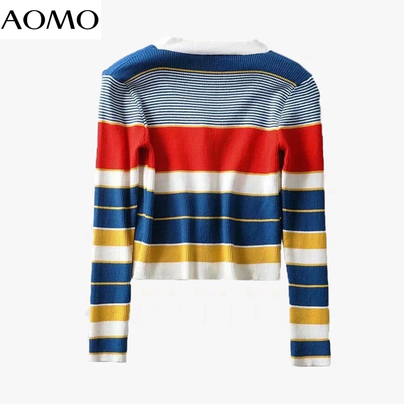 

AOMO women elegant striped cardigan vintage jumper lady fashion knitted cardigan coat 2U07A