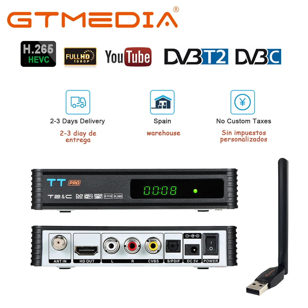 GTmedia TT PRO HD DVB-T2 ТВ спутниковый ресивер ТВ коробка DVB T2 наземный ресивер HDMI телеприставка для России/Европы/Португалии