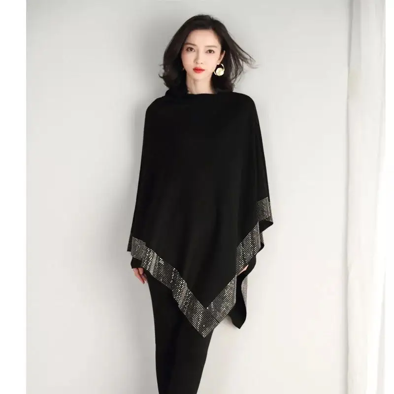 2021 Spring Autumn New Diamond High Quality Soild Knitted Retro Cape Coat Loose Bat Sleeve Sweater Temperament Women Poncho |