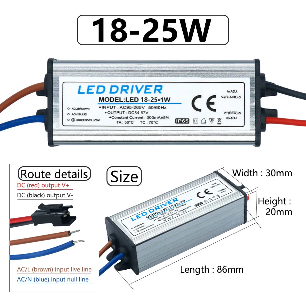 LED Driver 1-3W 4-7W 8-12W 12-18W 18-25W 25-36W Adapter Transformer AC85V-265V WaterproofIP65 Power Supply 300mA For Panel Light images - 6