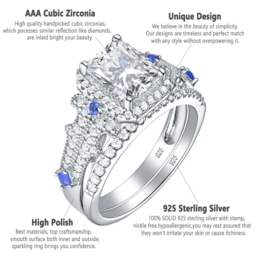 Newshe Classic Bridal Set Wedding Engagement Rings For Women 925 Sterling silver Princess Cut White Blue AAA Cubic Zirconia