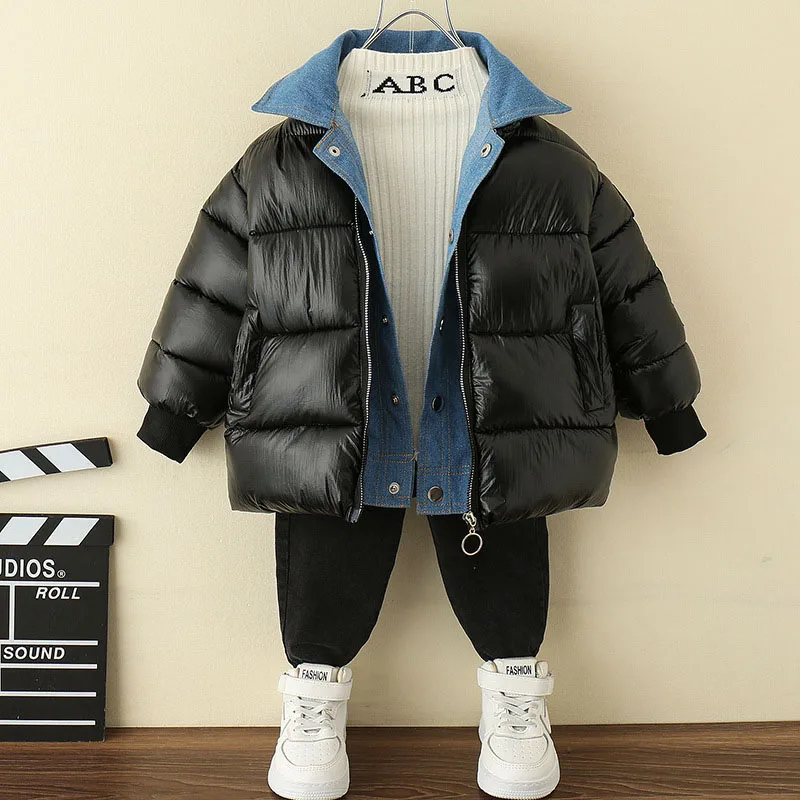 

Новые модные парки детская джинсовая одежда из двух предметов Повседневная зимняя куртка для мальчиков повседневная верхняя одежда с отво...