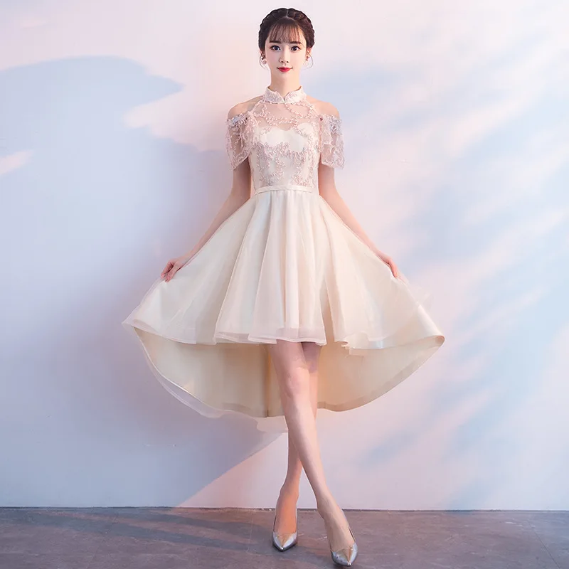 Cheongsam платья Очаровательные цвета шампанского с короткими Свадебная вечеринка