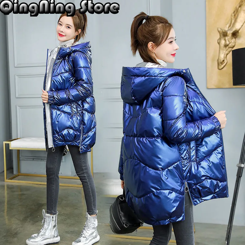 

Новинка 2021, зимняя куртка, парки, Женская Глянцевая пуховая хлопковая куртка, парка с капюшоном, теплая Женская хлопковая стеганая куртка, П...