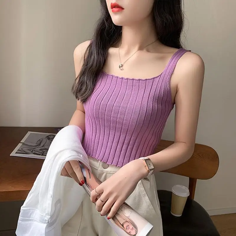 

Fashion Summer Color Vertical Stripes Knitting Short Sexy Female Tops Sleeveless Mujer De Top Camisole Tank Slim Ropa L0T1