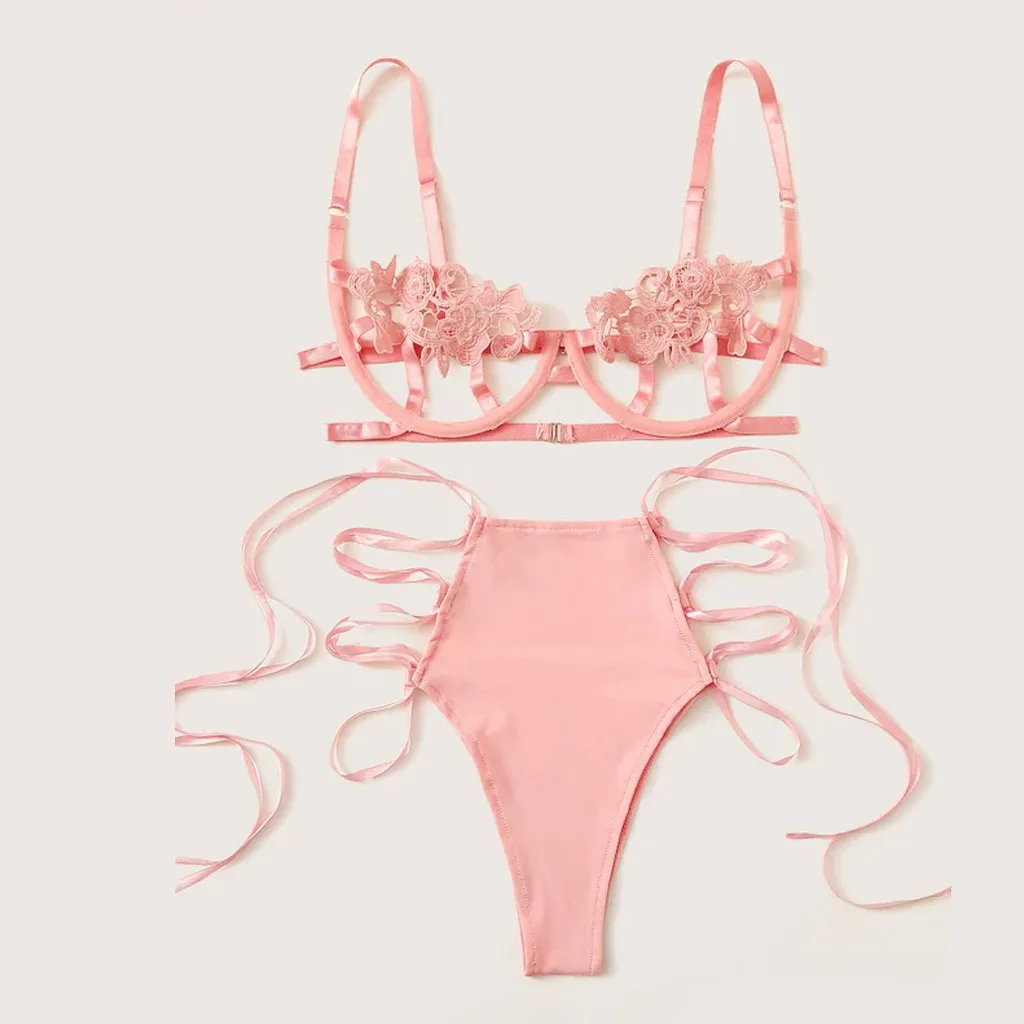 Розовый Эротическое белье, сексуальное белье в стиле babydoll, женское кружевное белье с цветами, Lenceria Mujer, бюстгальтер с дырочками, трусы, Сексуальное нижнее Белье для сна - Цвет: Розовый