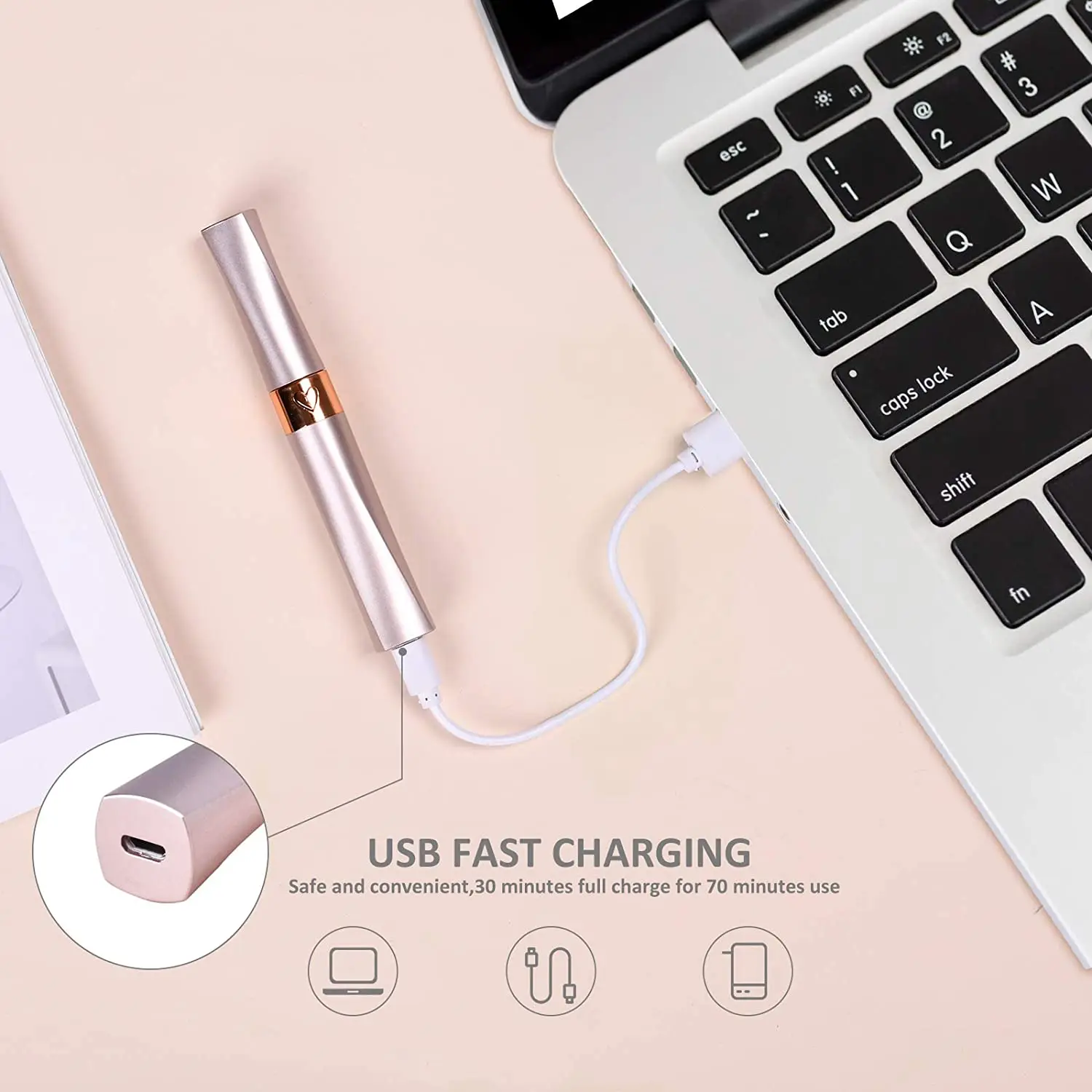 

MaxFresh Eyebrow Trimmer Rechargeable Painless Eye Brow Hair Remover Lips Nose Facial Epilator for Women & Men (Rose gold)