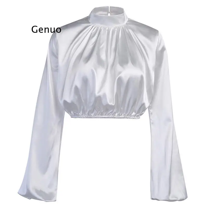 

High Neck Satin Cropped Top Women's Solid Color Temperament Lantern Sleeves Sexy Waist Short Slim T-Shirt Long-Sleeved Shirt