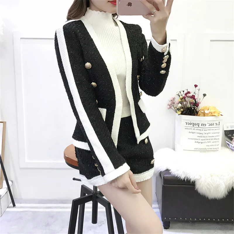 Женский твидовый костюм с люрексом пиджак длинным рукавом и шорты на пуговицах