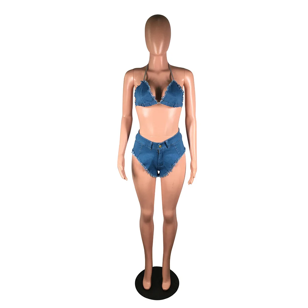 Sexy Jean Swimsuit Women 2 Pieces Set Tassled Denim Halter Drawstring Bra + Mini Shorts Women's Party Club Swimwear Bikini Suit