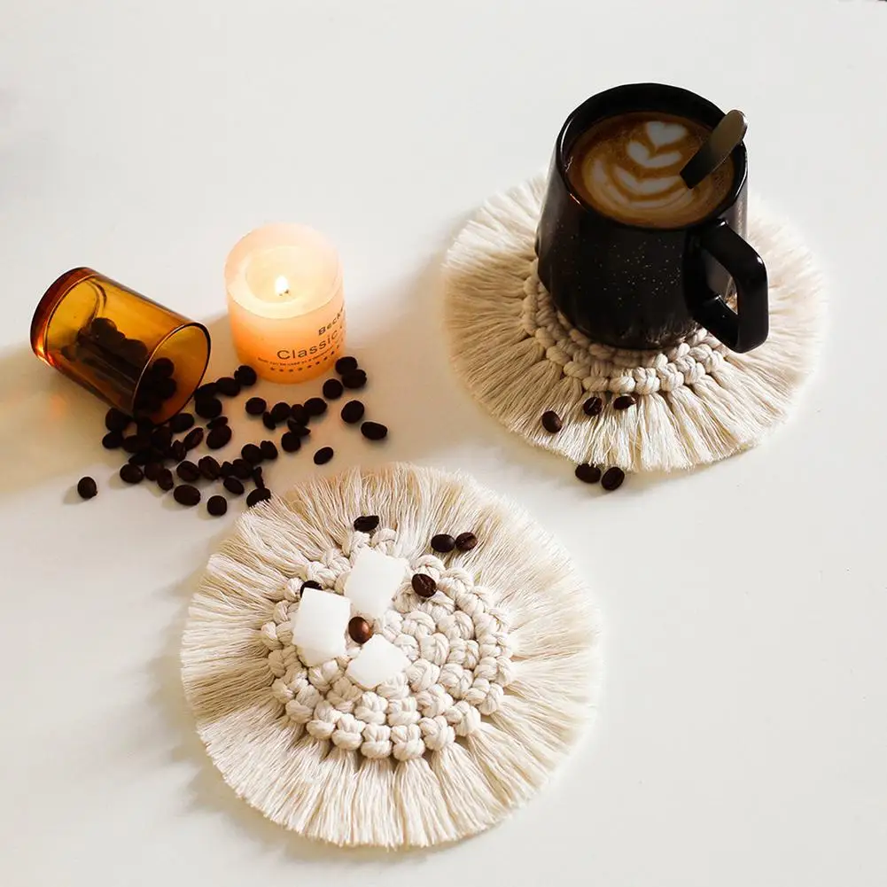 Nordic Macrame Cup Pad Bohemian Tablecloth Table Mat Pure Handmade Cotton Braid Non-slip Insulation Mats for Kitchen Candle | Дом и сад