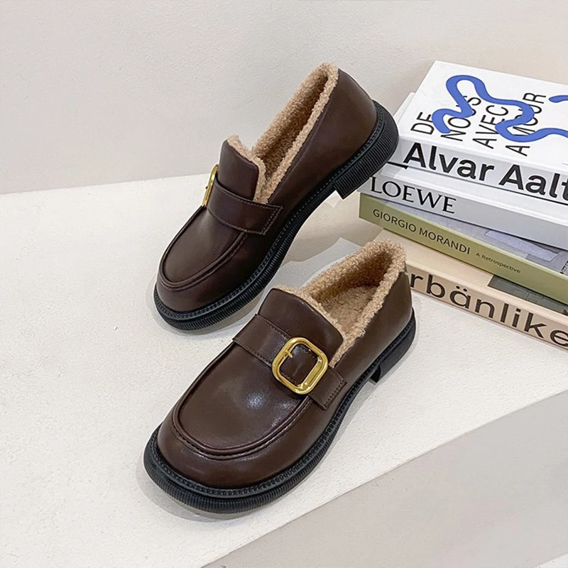 Winter Shoes Female British Style 2021 New Thick-soled College Style Casual Loafers Genuine Plush Fashion Shoes Girls New