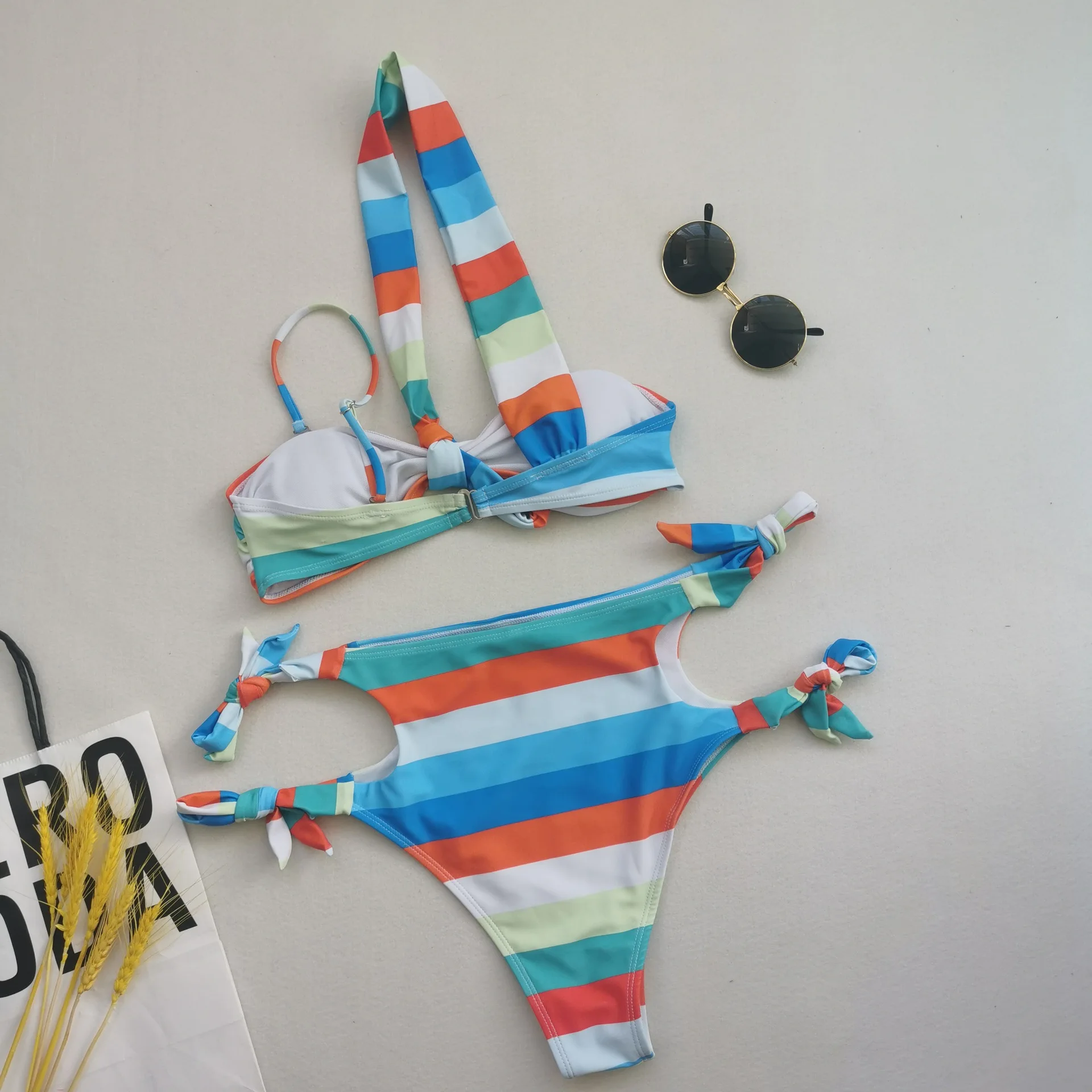 

2021 New Bikini Women's Sexy Striped One-Shoulder High Waist Pants Swimsuit European and American Swimsuit