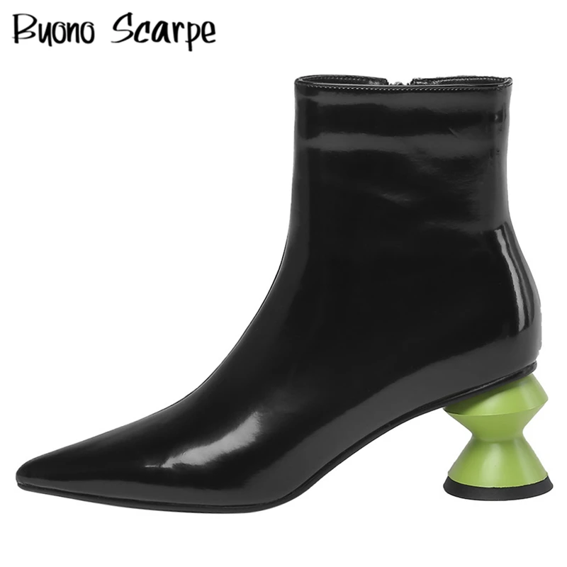 

Patent leather Strange High Heel Ankle Boots Pointed Toe Zipper Shoes Fashion Designer Short Boots High Heel Autumn Winter Boots