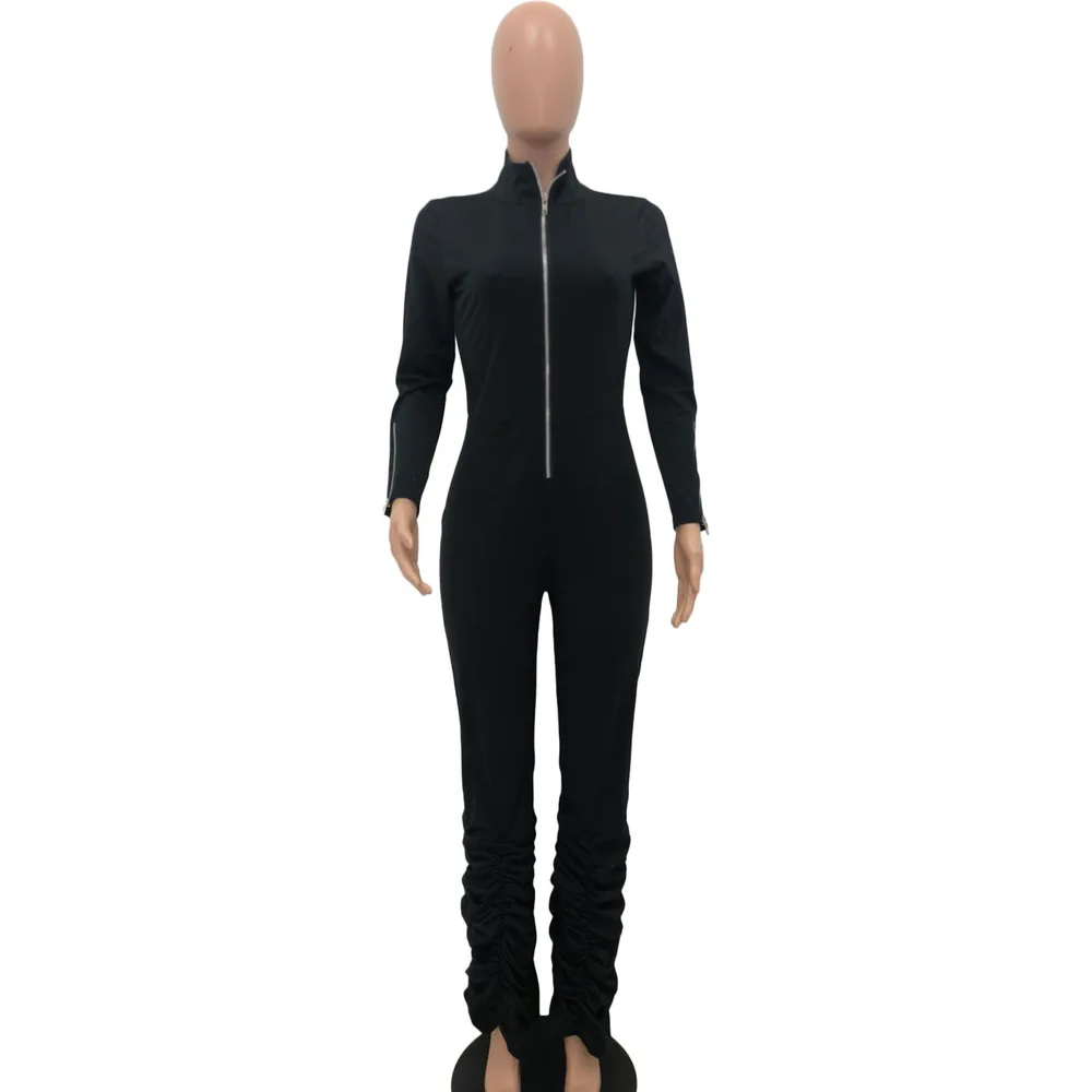 

Solid Zipper-up Stacked Rompers Womens Jumpsuit Casual Long Sleeve Deep V Neck Bodycon Overall Autumn Winter Sportswear Bodysuit