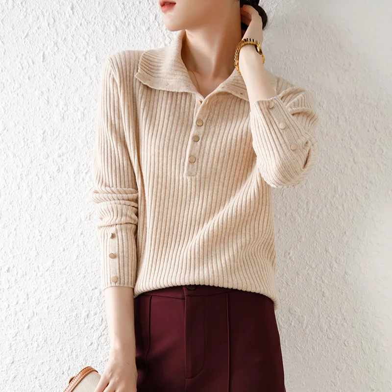 

Женский кашемировый свитер, Осень-зима 2021, новый свитер отворот поло, Европейский облегающий Однотонный свитер, Вязаная Осень