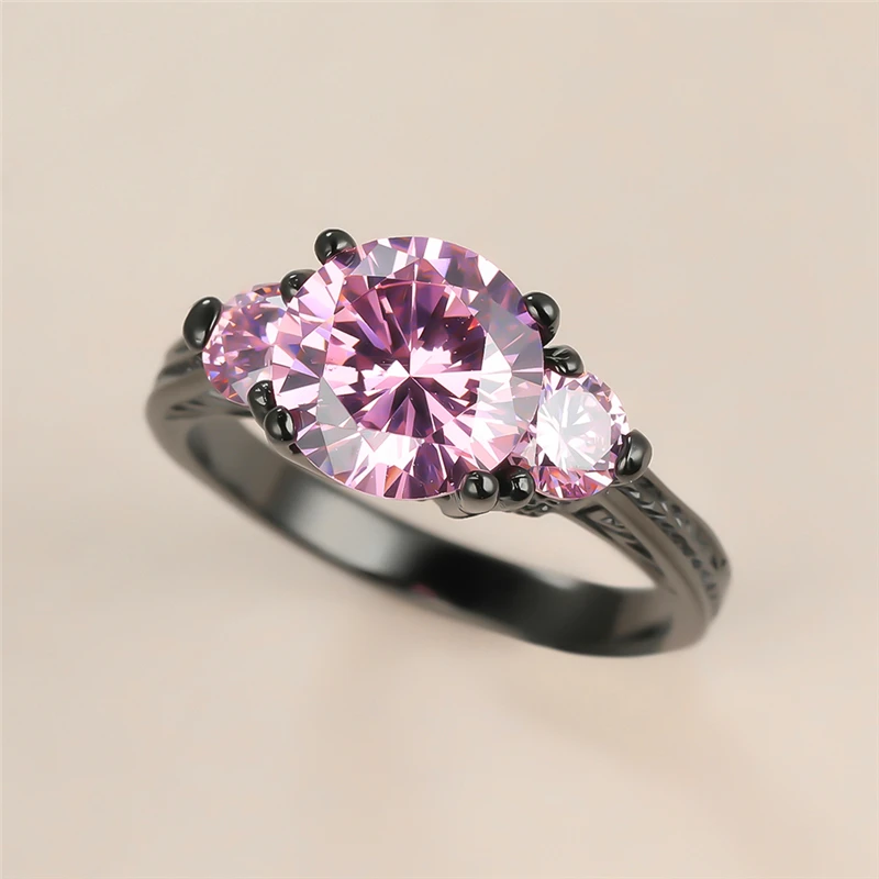 

Charm Female Pink Crystal Stone Ring Luxury 14KT Black Gold Wedding Rings For Women Cute Bride Round Zircon Engagement Ring