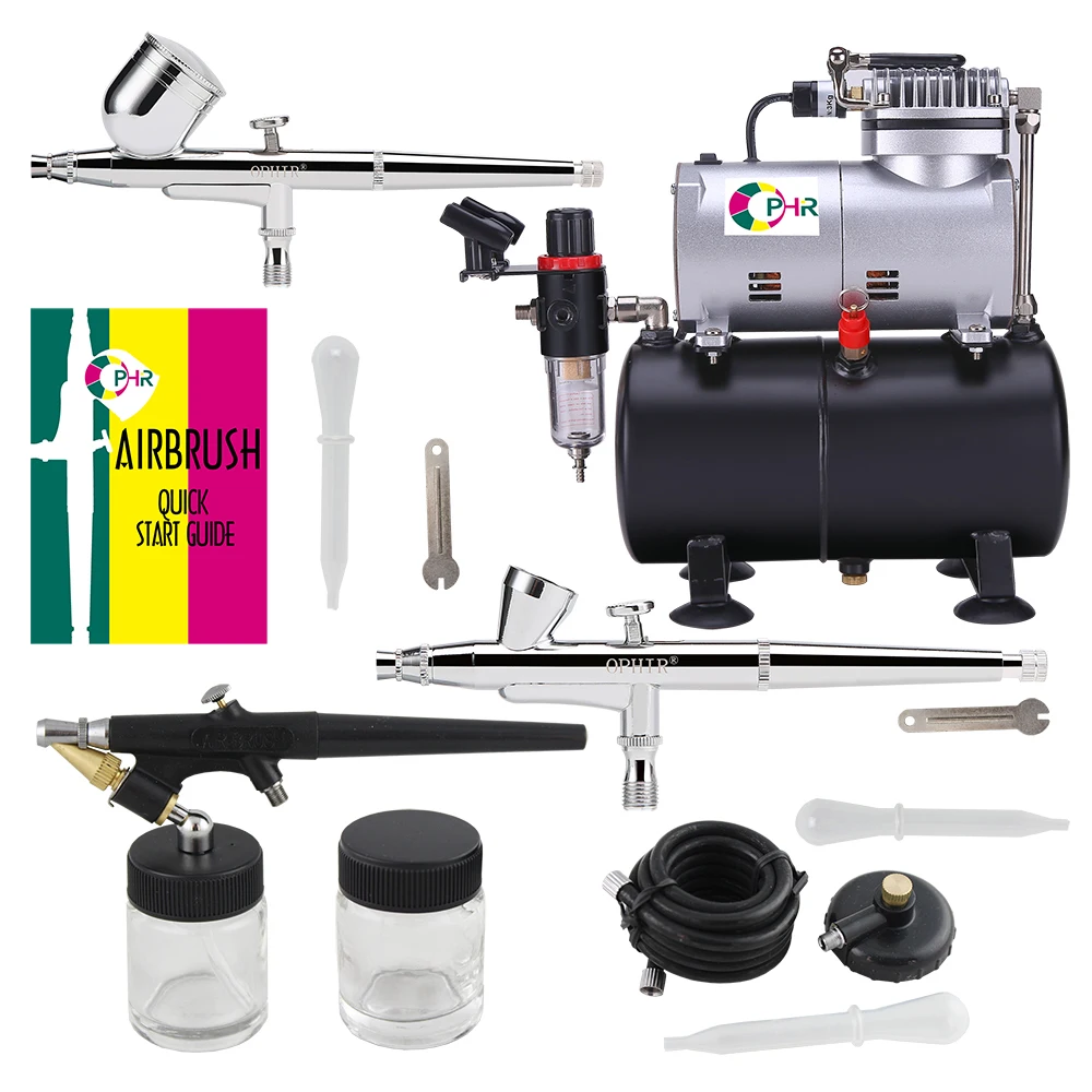 OPHIR 3-Airbrushes Dual Action & Single Action Air Brush Compressor Kit with Tank for Makeup Nail Art Tattoo AC090+004A+071+073