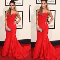 arianan grande grammy awards celebrity evening dress mermaid red satin straps prom pageant gown robe de soiree vestidos