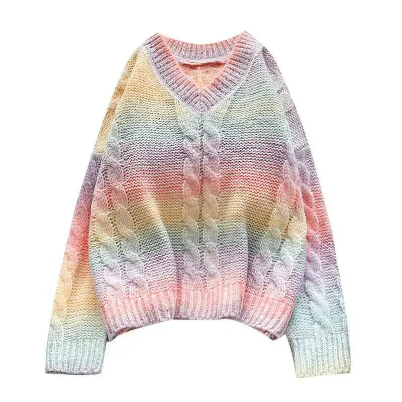 

Rainbow Sweater Women Winter Sweet Knitted Sweater Female Loose Casual Kawaii Japanese Korean Knitted Sweater Coat Women