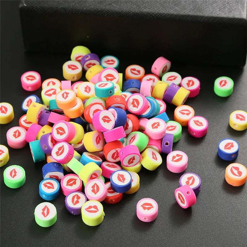 50 шт./лот разноцветные Круглые плоские бусины из полимерной глины с узором губ