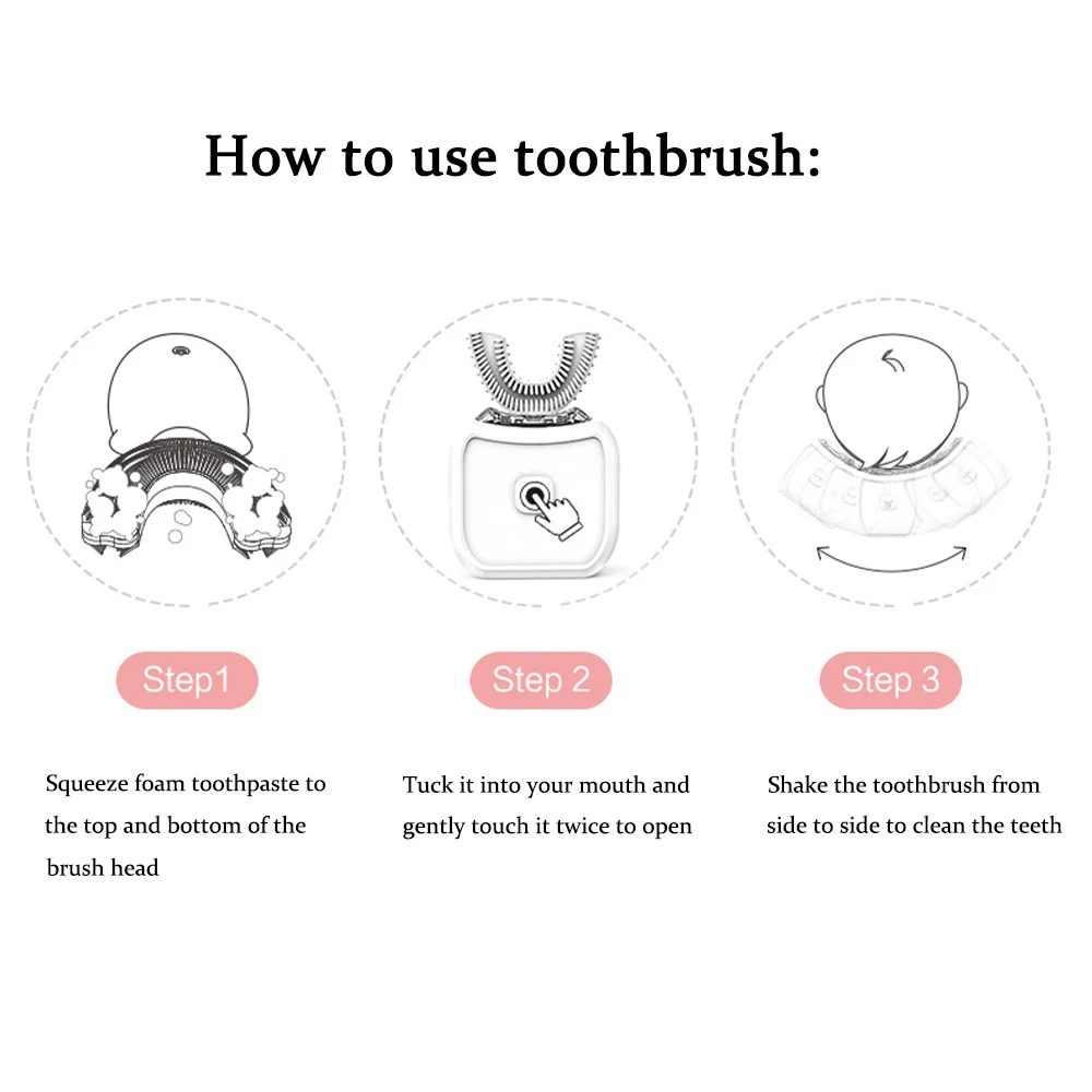 

360 Degrees Smart Automatic Sonic kids U Shape Electronic Toothbrush USB Rechargeable Cartoon Pattern Tooth Whitening Blue Light