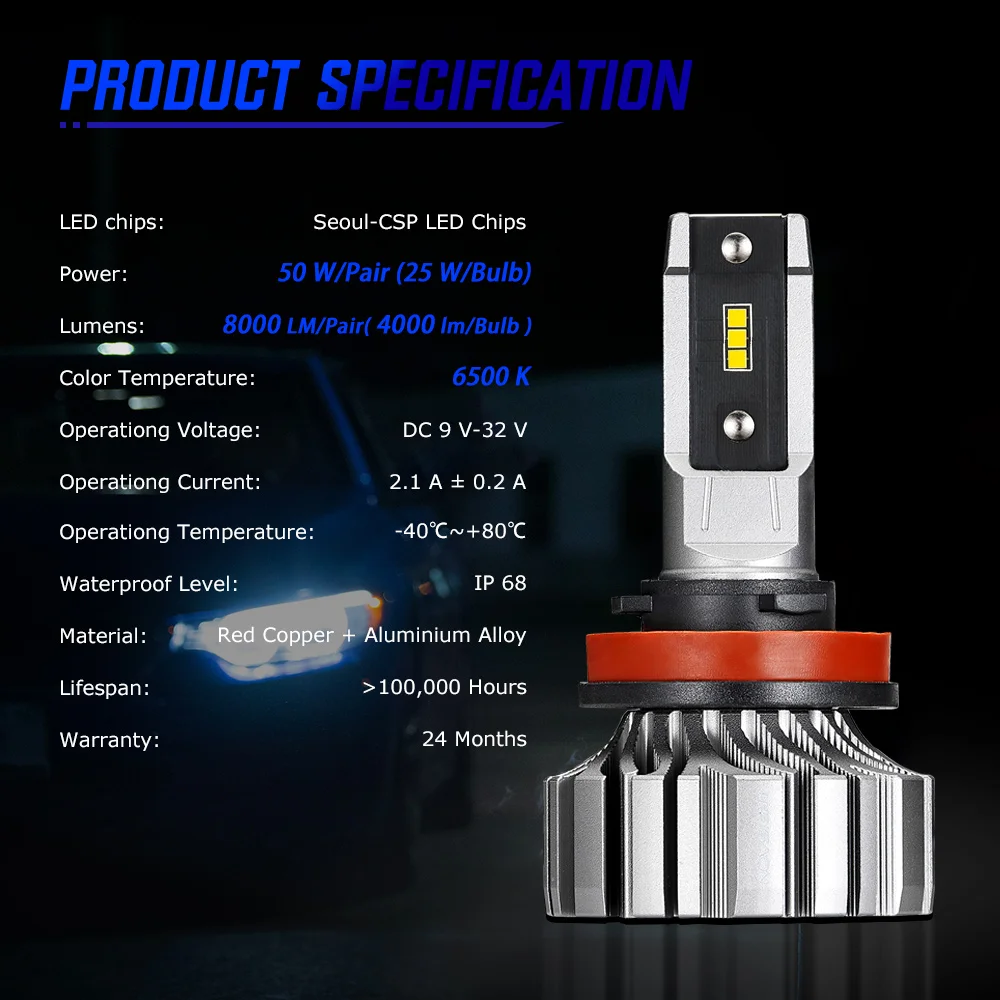 

Novsight Super Bright Headlight Led H11 Car Led Headlight Led Bulb CSP 8000LM 6500K Car Headlight Bulb 50W Min size D40