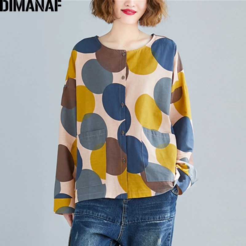 Женская блузка в горошек DIMANAF хлопковая льняная рубашка с длинным рукавом