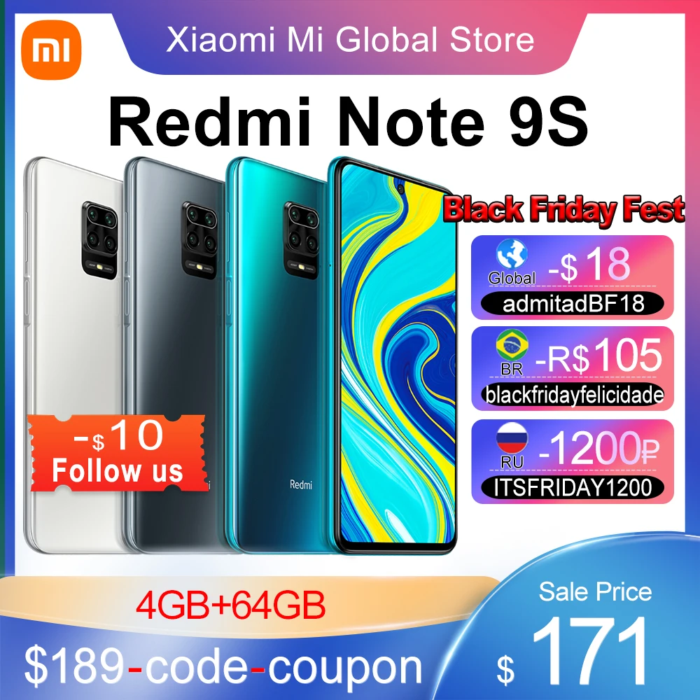Xiaomi-Smartphone Redmi Note 9S versi&oacute;n Global, 4/64Gb, 2 ranuras SIM, Snapdragon 720G, pantalla FHD + DotDisplay de 6,67 pulgadas, 48MP-0