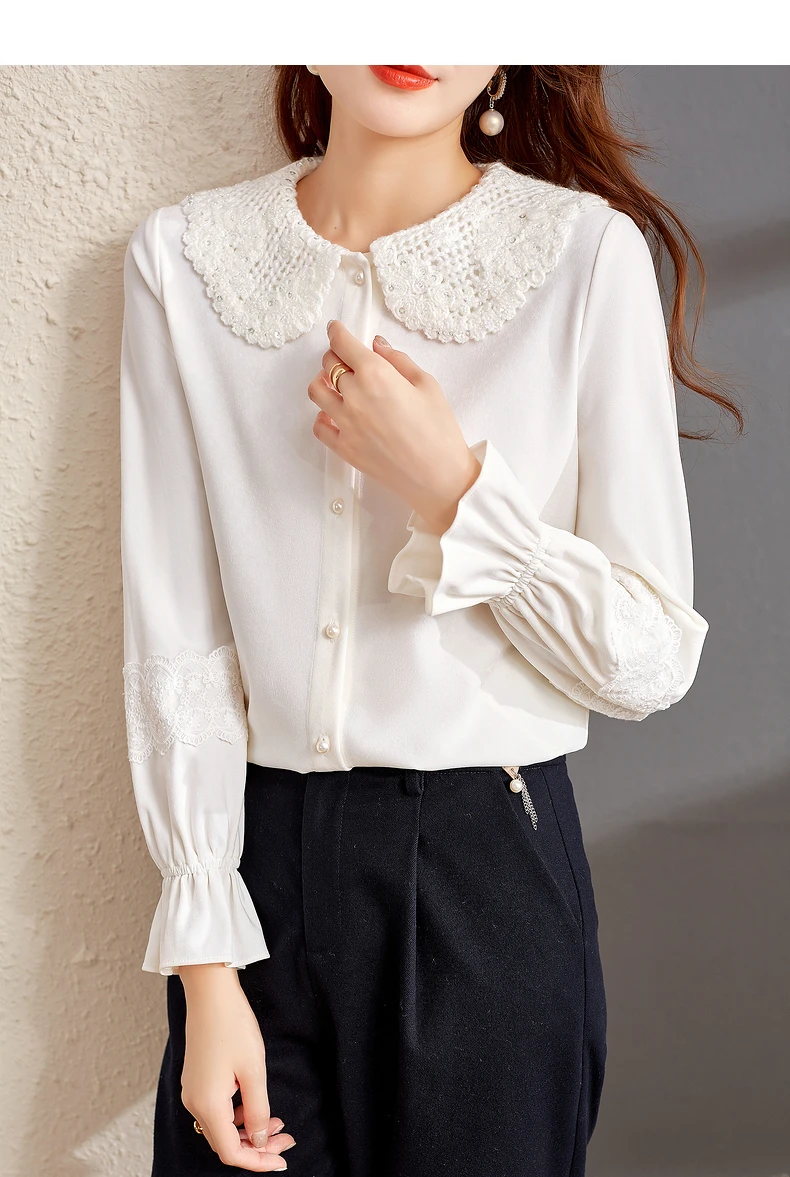 

Chiffon Loose Women's Shirts New Fashion Blouses Doll Collar Solid Color Shirt Casual Long Sleeve Blusas Autumn Houthion