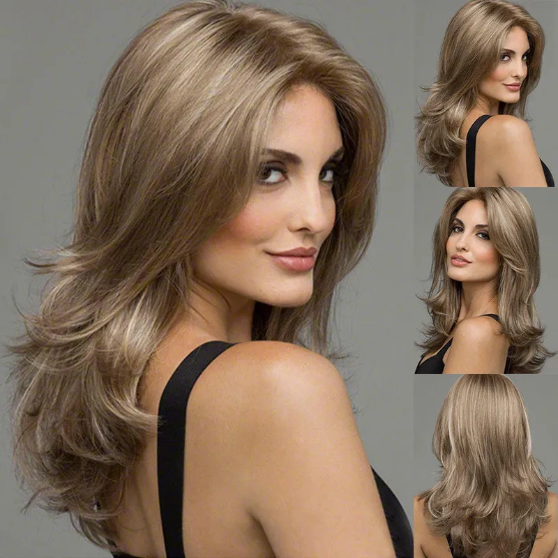 

Ladies Brown Wavy Synthetic Wig With Long Middle Part Bangs Nature Looking For Women Daily Party Use