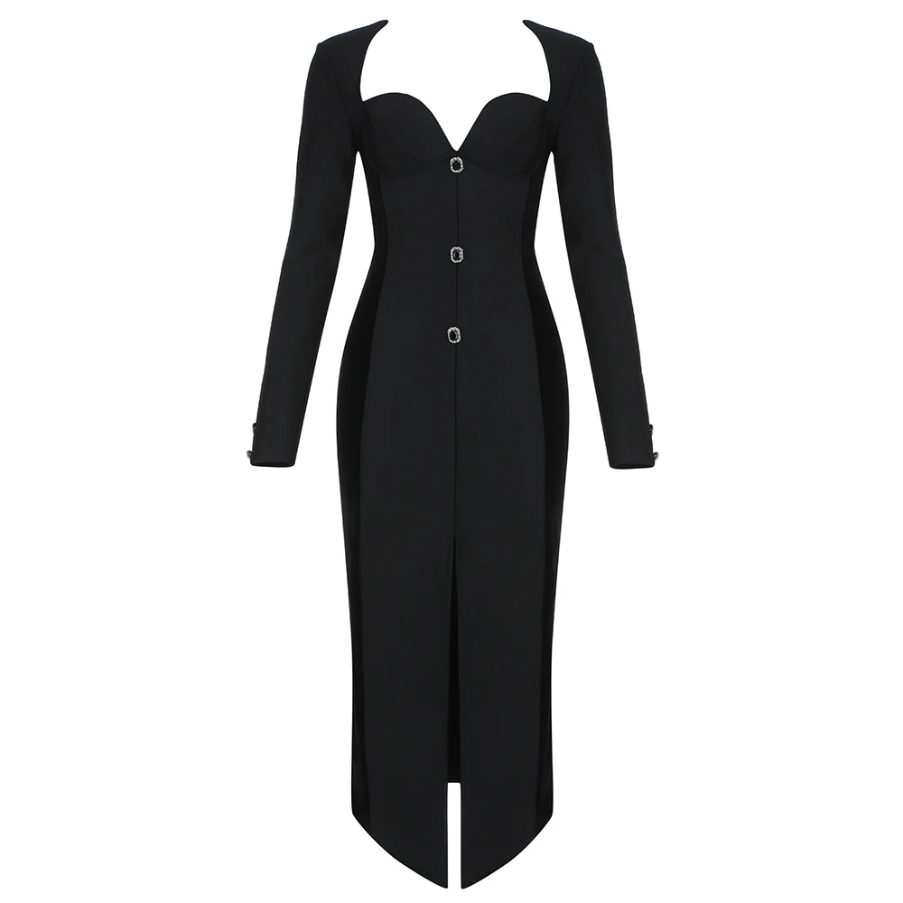 

Ailigou 2021 New Female Black Sexy Square Neck Long Sleeve Bandage Dress Tight Diamond Button Celebrity Fashion Party Dress