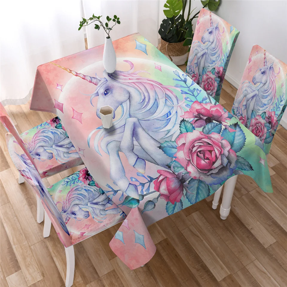 BeddingOutlet Unicorn and Rose Tablecloth Cartoon Waterproof Table Cloth Pink Blue Floral Decorative Cover for Kitchen|Скатерти| |