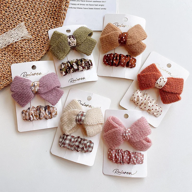 

New Cute Print Flower Hair Clips For Baby Girls Knitted Wool Bow Hairpins Children Side Hairgrip BarretteS Kids Korean Headwear