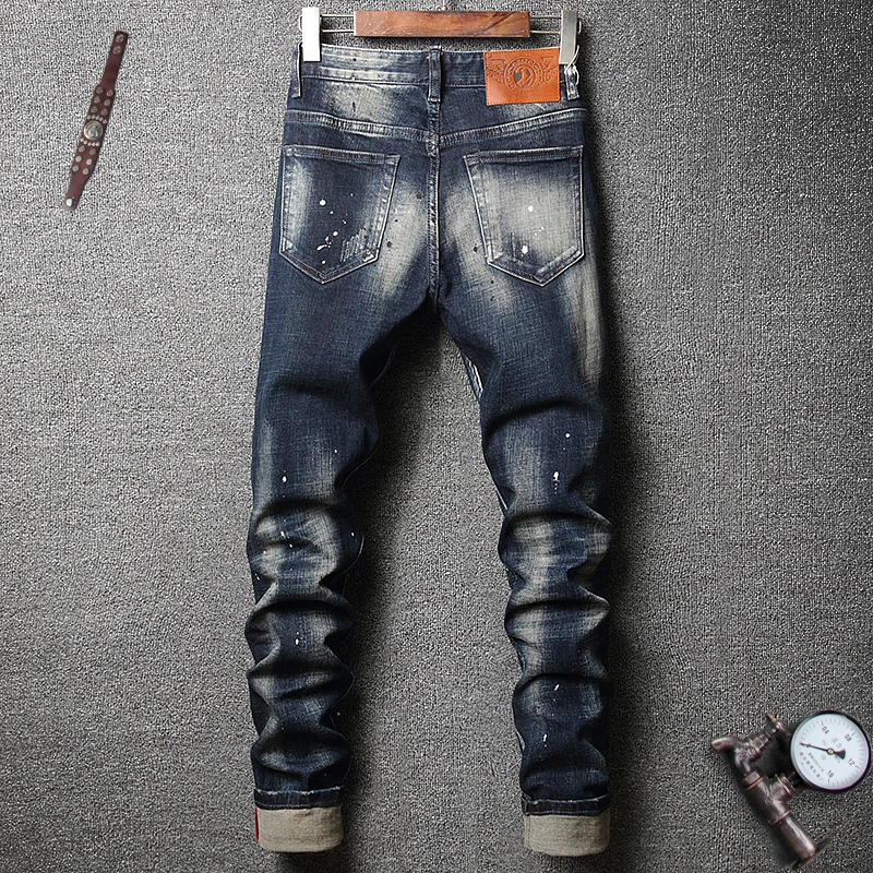 Модные мужские джинсы в итальянском стиле облегающие рваные ретро темно-синие
