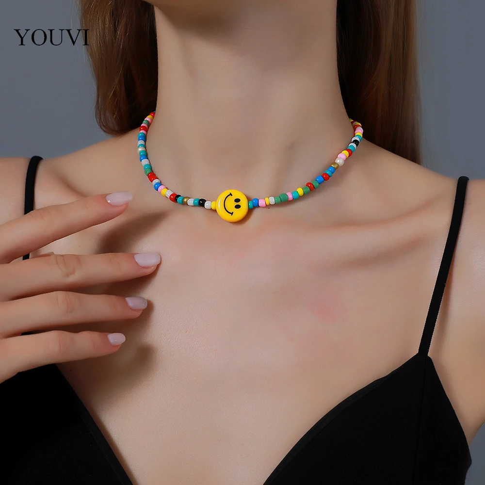 

YOUVI Bohemia Handmade String Beads Choker Necklace For Women Sweet Girls Pedants Necklace Smile Face Beads Necklace Jewelry