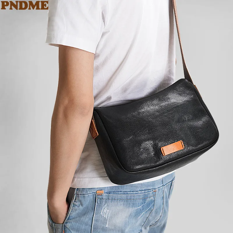 PNDME fashion luxury genuine leather men's black messenger bag casual designer natural high-quality cowhide teens shoulder bag