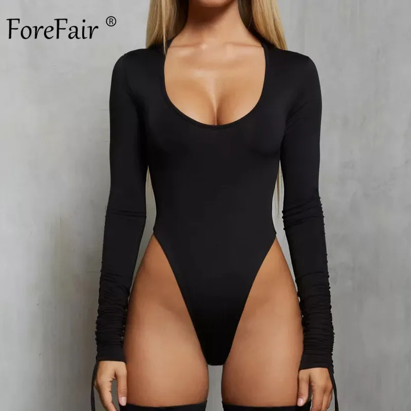 Женское облегающее боди с длинным рукавом Forefair белое черное хаки рюшами и низким