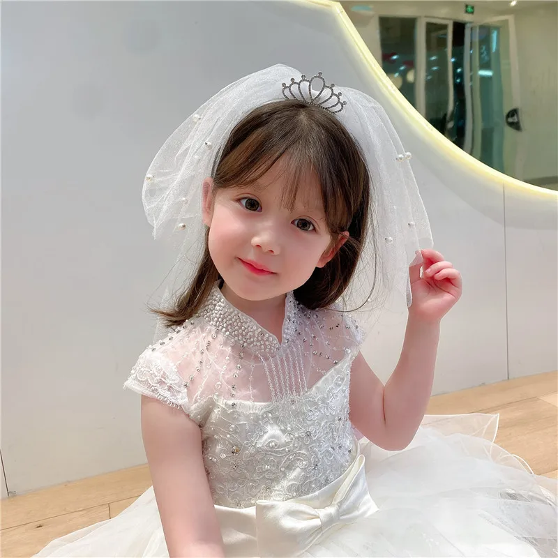 Girl Princess Korea Crown Headband Yarn Veil Kids  Bow Flower Hairbands Children Party Head Band Wedding Jewelry Accessiories