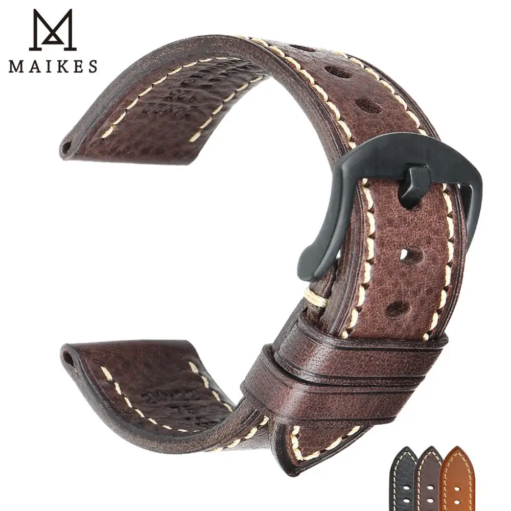MAIKES-correas de reloj de cuero genuino hechas a mano, 20mm, 22mm, 24mm, hebilla negra, correas de reloj de piel de vaca para MIDO Rolex