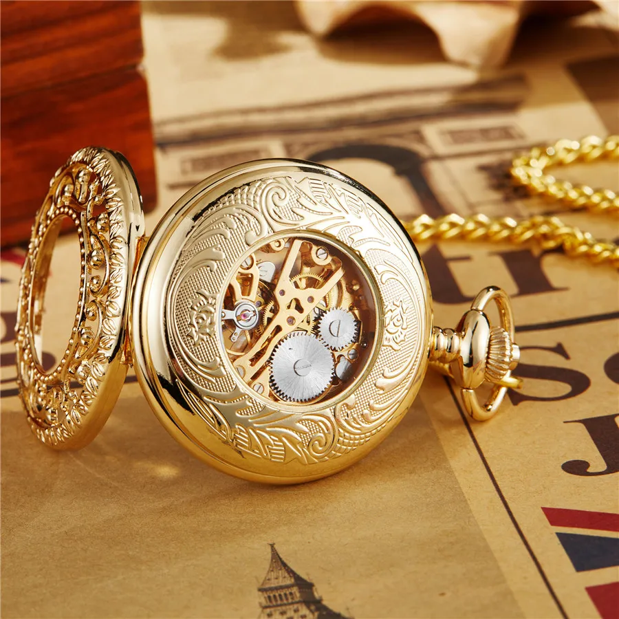 Ancient Antique Steampunk Mechanical Pocket Watch Necklace Hollow Skeleton Hand Wind Carved  Fob Watch Pendant Chain Men Women