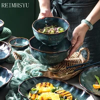 relmhsyu nordic style kiln change blue glaze green household rice soup dinner bowl meal fish steak plate dish dinnerware set