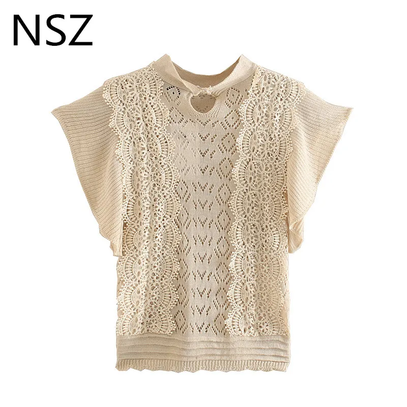 NSZ Женская кружевная рубашка короткий рукав трикотажная футболка обрезанный Топ