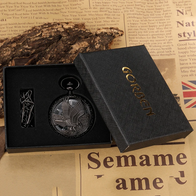 Mechanical Pocket Watch Antique Skeleton Dial Fob Chain Full Black Eagle Case Hanging Clock with Gift Box for Men Dropshipping